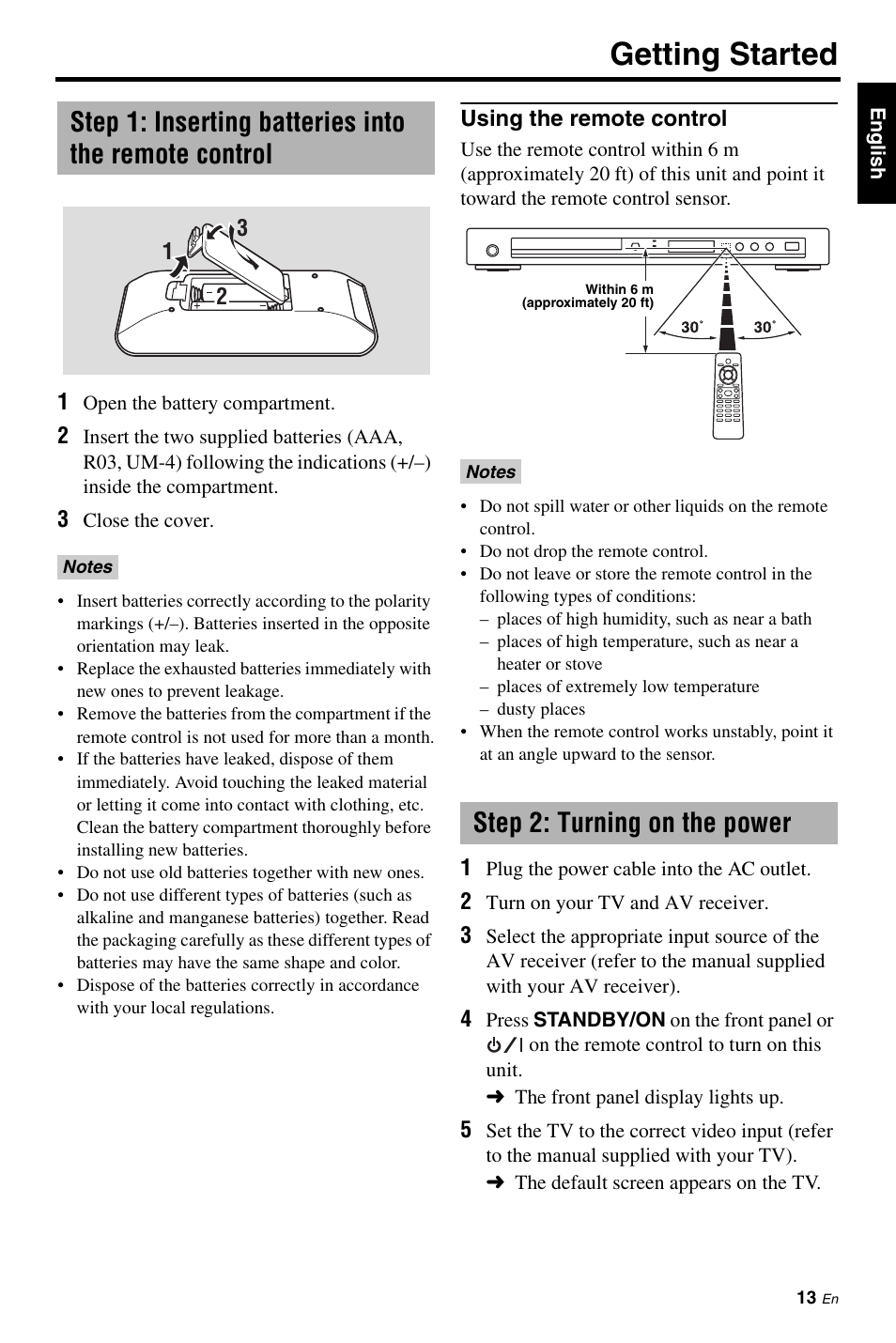 Getting started, Step 2: turning on the power, Step 1: inserting batteries into the remote | Control, Using the remote control | Yamaha DVD-S663 User Manual | Page 17 / 53