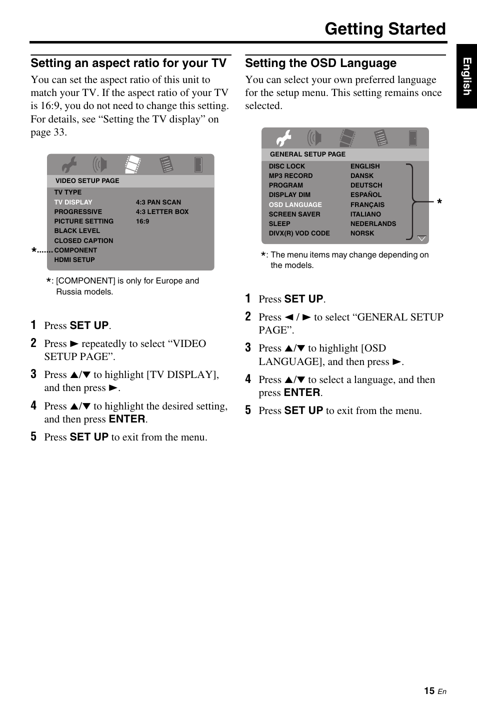 Setting an aspect ratio for your tv, Setting the osd language, Getting started | Yamaha DVD-S663 User Manual | Page 19 / 53