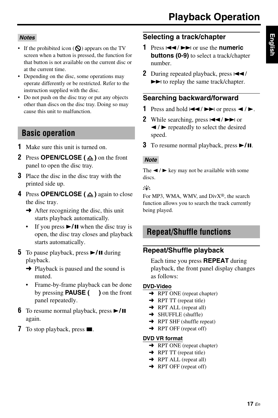 Playback operation, Basic operation, Repeat/shuffle functions | Selecting a track/chapter, Searching backward/forward, Repeat/shuffle playback | Yamaha DVD-S663 User Manual | Page 21 / 53