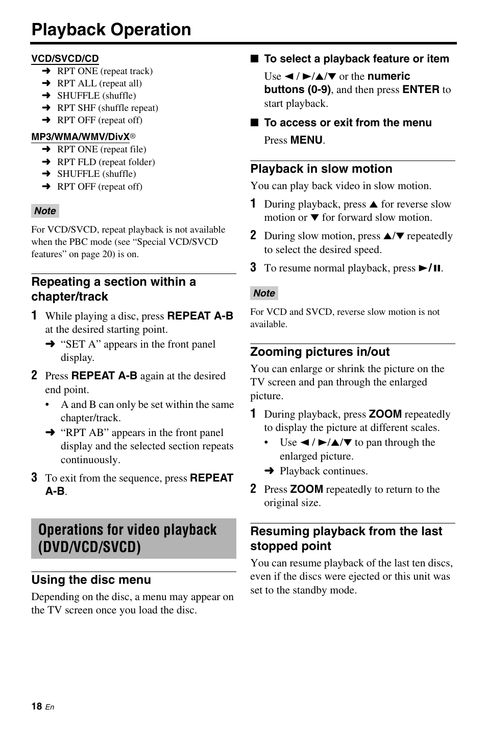 Operations for video playback (dvd/vcd/svcd), Repeating a section within a chapter/track, Operations for video playback | Dvd/vcd/svcd), Using the disc menu, Playback in slow motion, Zooming pictures in/out, Resuming playback from the last stopped point, Playback operation | Yamaha DVD-S663 User Manual | Page 22 / 53