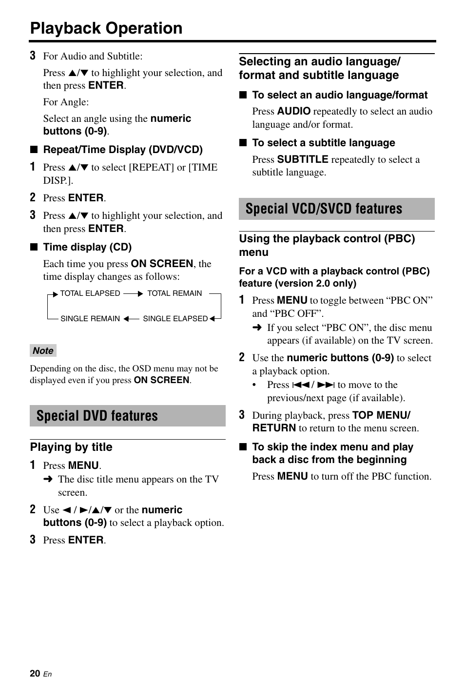 Special dvd features, Special vcd/svcd features, Playing by title | Selecting an audio language/format and subtitle, Language, Using the playback control (pbc) menu, Playback operation | Yamaha DVD-S663 User Manual | Page 24 / 53