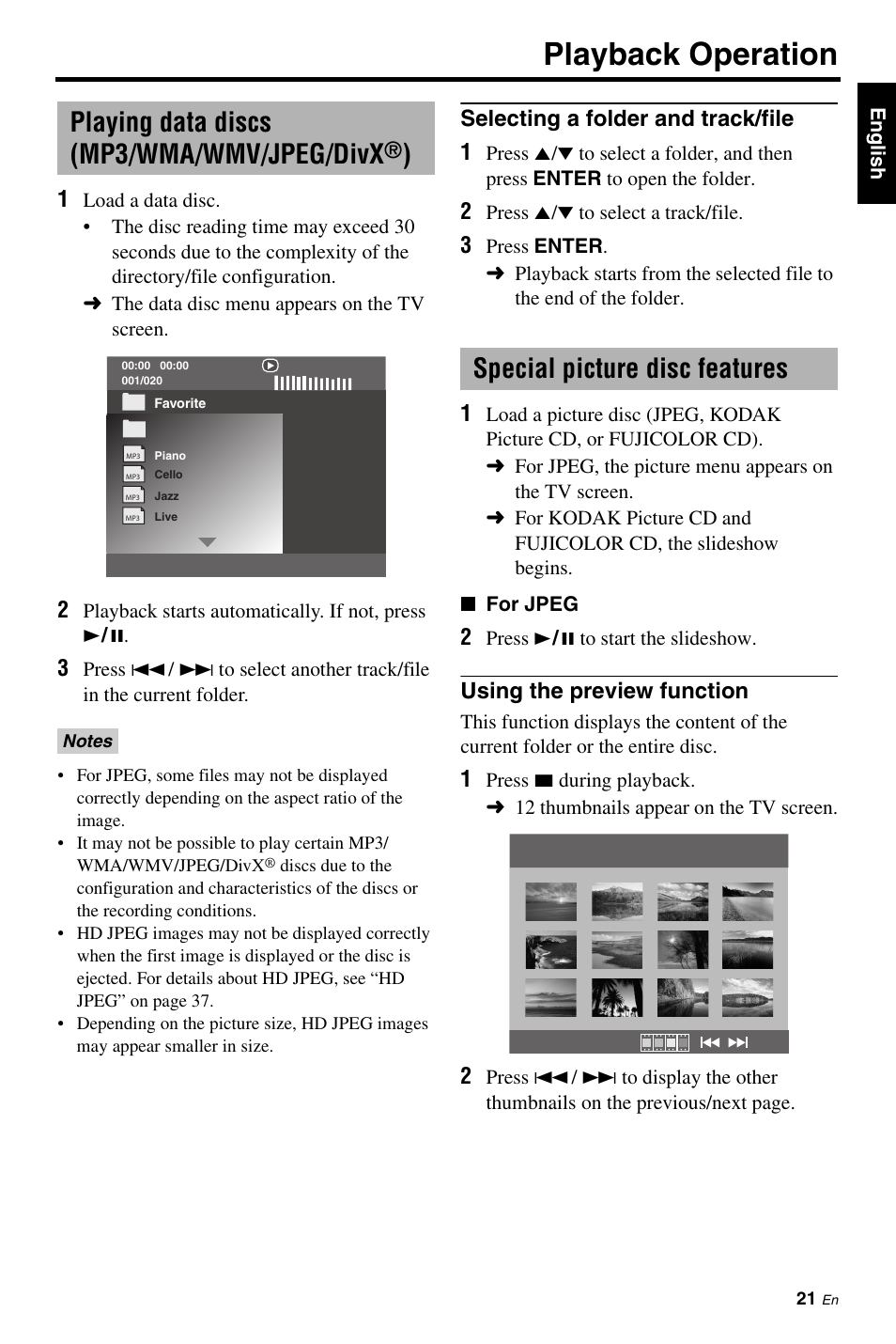 Playing data discs (mp3/wma/wmv/jpeg/divx®), Special picture disc features, Playing data discs | Mp3/wma/wmv/jpeg/divx, Selecting a folder and track/file, Using the preview function, 21 an, Playback operation, Playing data discs (mp3/wma/wmv/jpeg/divx, Selecting a folder and track/file 1 | Yamaha DVD-S663 User Manual | Page 25 / 53