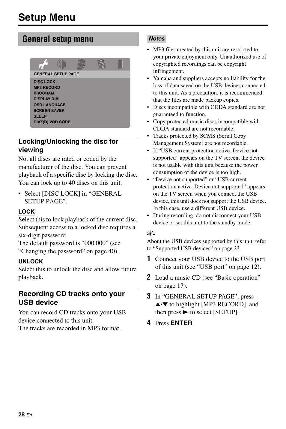 General setup menu, Locking/unlocking the disc for viewing, Recording cd tracks onto your usb device | Setup menu | Yamaha DVD-S663 User Manual | Page 32 / 53