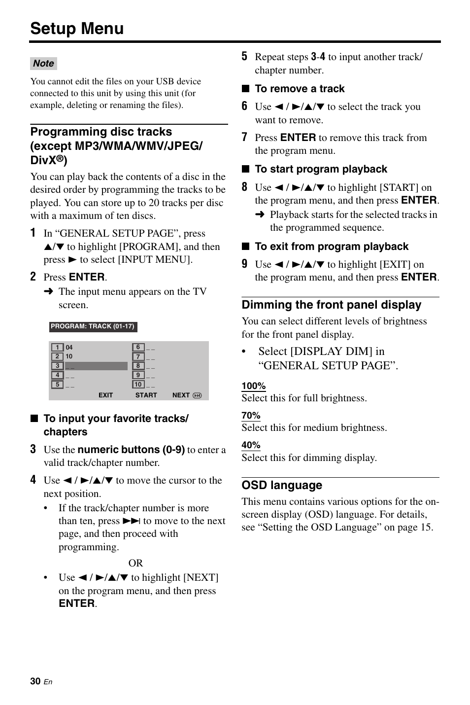 Programming disc tracks, Except mp3/wma/wmv/jpeg/divx, Dimming the front panel display | Osd language, Setup menu | Yamaha DVD-S663 User Manual | Page 34 / 53