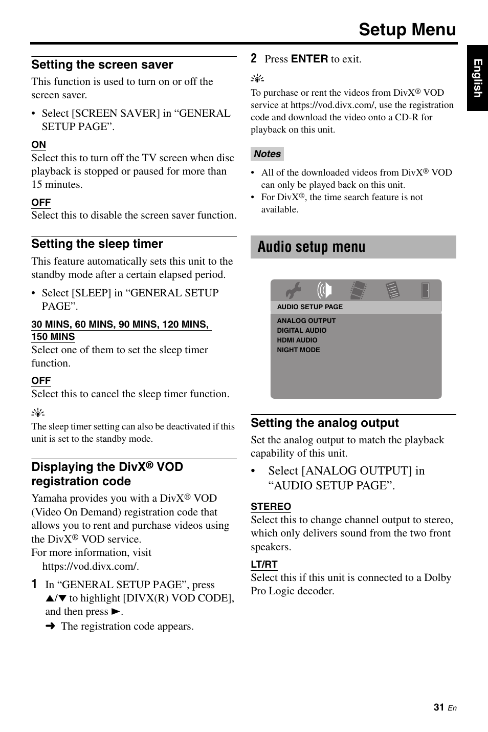 Audio setup menu, Setting the screen saver, Setting the sleep timer | Displaying the divx, Setting the analog output, Setup menu | Yamaha DVD-S663 User Manual | Page 35 / 53