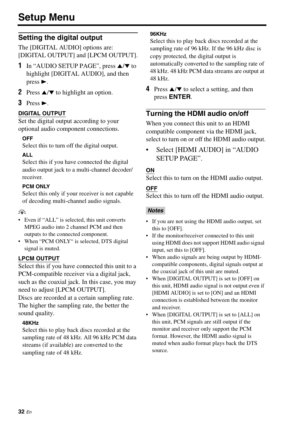 Setting the digital output, Turning the hdmi audio on/off, Setup menu | Yamaha DVD-S663 User Manual | Page 36 / 53