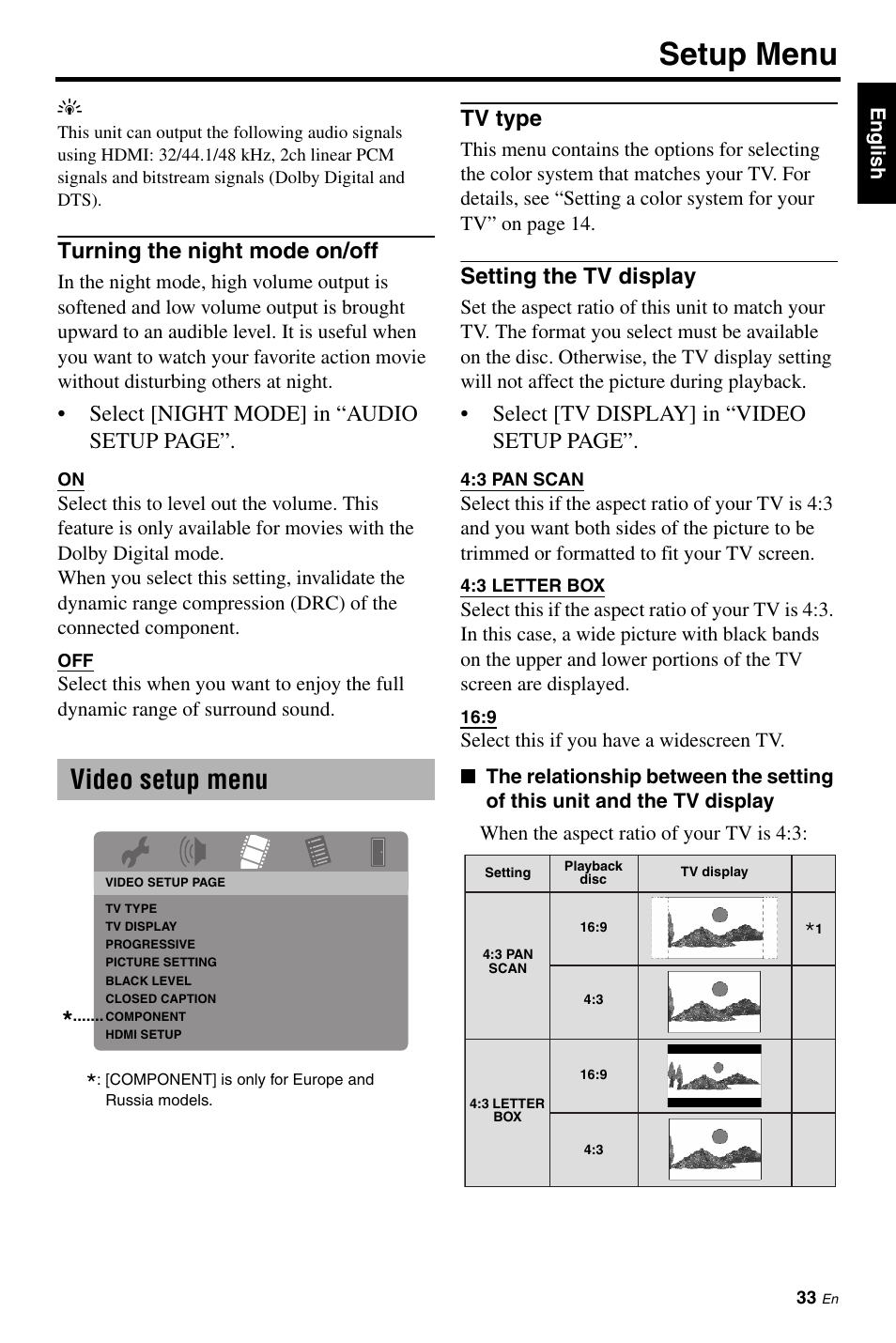 Video setup menu, Turning the night mode on/off, Tv type | Setting the tv display, Setup menu, Select [night mode] in “audio setup page, Select [tv display] in “video setup page | Yamaha DVD-S663 User Manual | Page 37 / 53