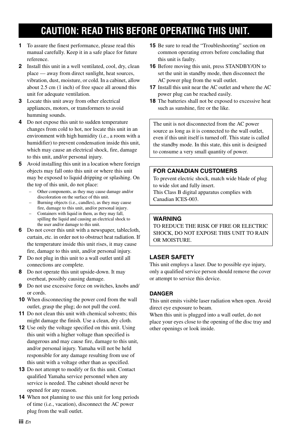 English, Caution: read this before operating this unit | Yamaha DVD-S663 User Manual | Page 4 / 53