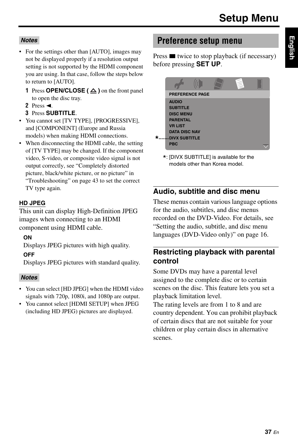 Preference setup menu, Audio, subtitle and disc menu, Restricting playback with parental control | Setup menu | Yamaha DVD-S663 User Manual | Page 41 / 53