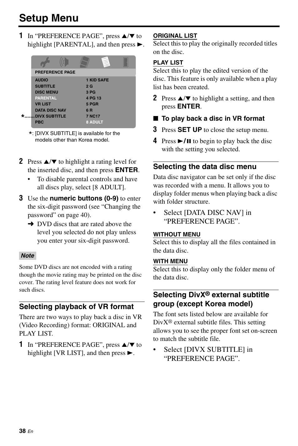 Selecting playback of vr format, Selecting the data disc menu, Selecting divx | Setup menu, Select [data disc nav] in “preference page, External subtitle group (except korea model), Select [divx subtitle] in “preference page | Yamaha DVD-S663 User Manual | Page 42 / 53