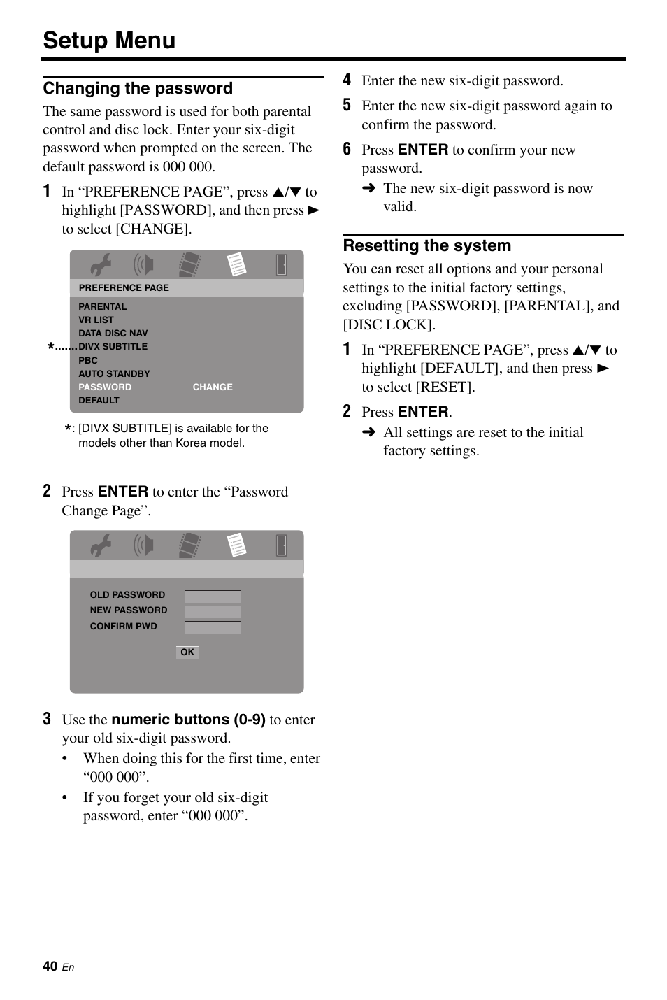 Changing the password, Resetting the system, Setup menu | Yamaha DVD-S663 User Manual | Page 44 / 53