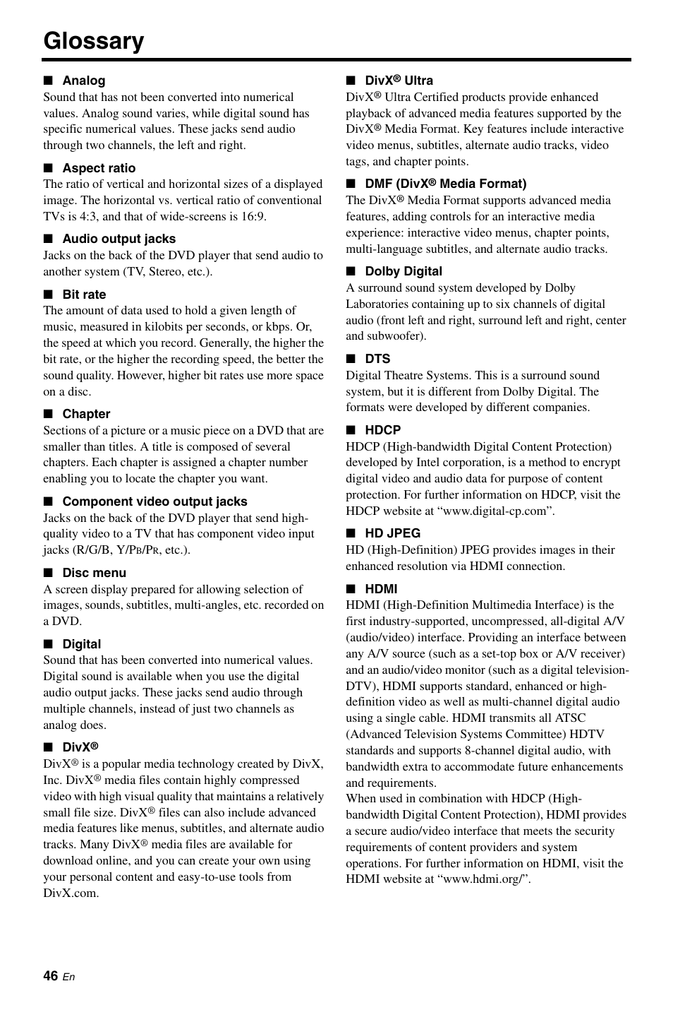 Glossary | Yamaha DVD-S663 User Manual | Page 50 / 53