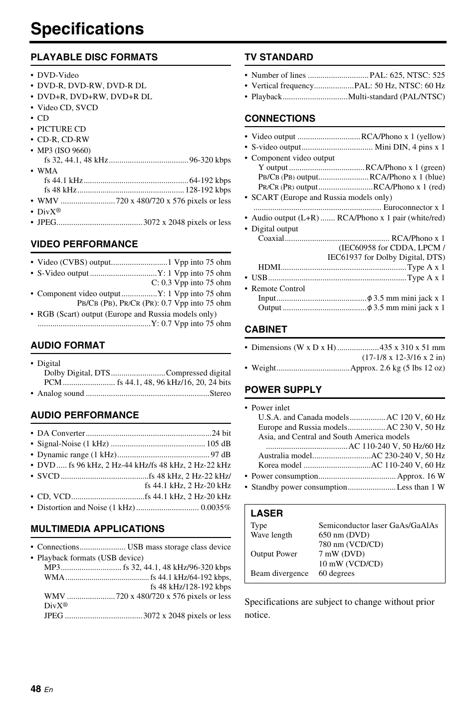 Specifications | Yamaha DVD-S663 User Manual | Page 52 / 53