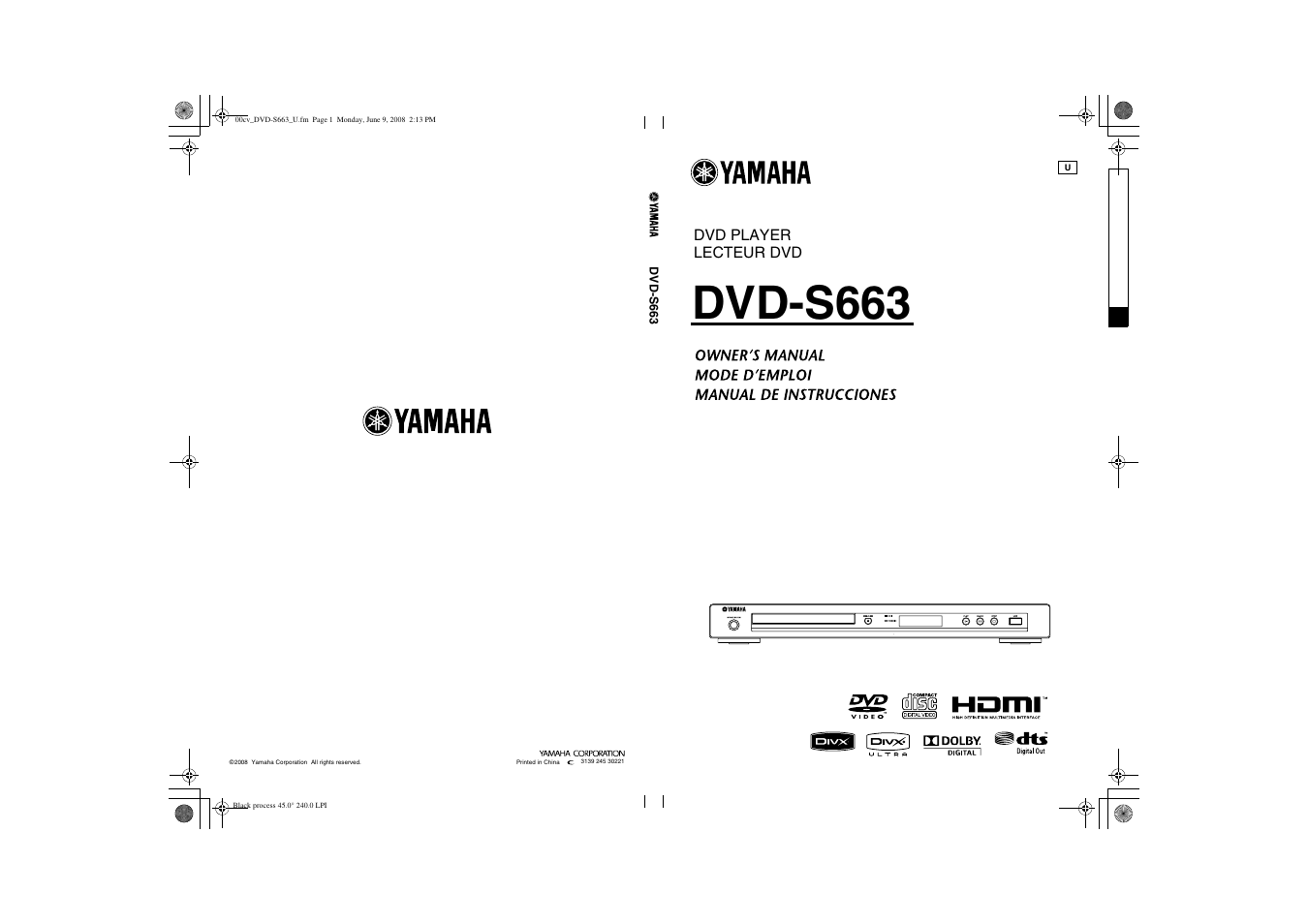 Dvd-s663, Dvd player lecteur dvd | Yamaha DVD-S663 User Manual | Page 53 / 53