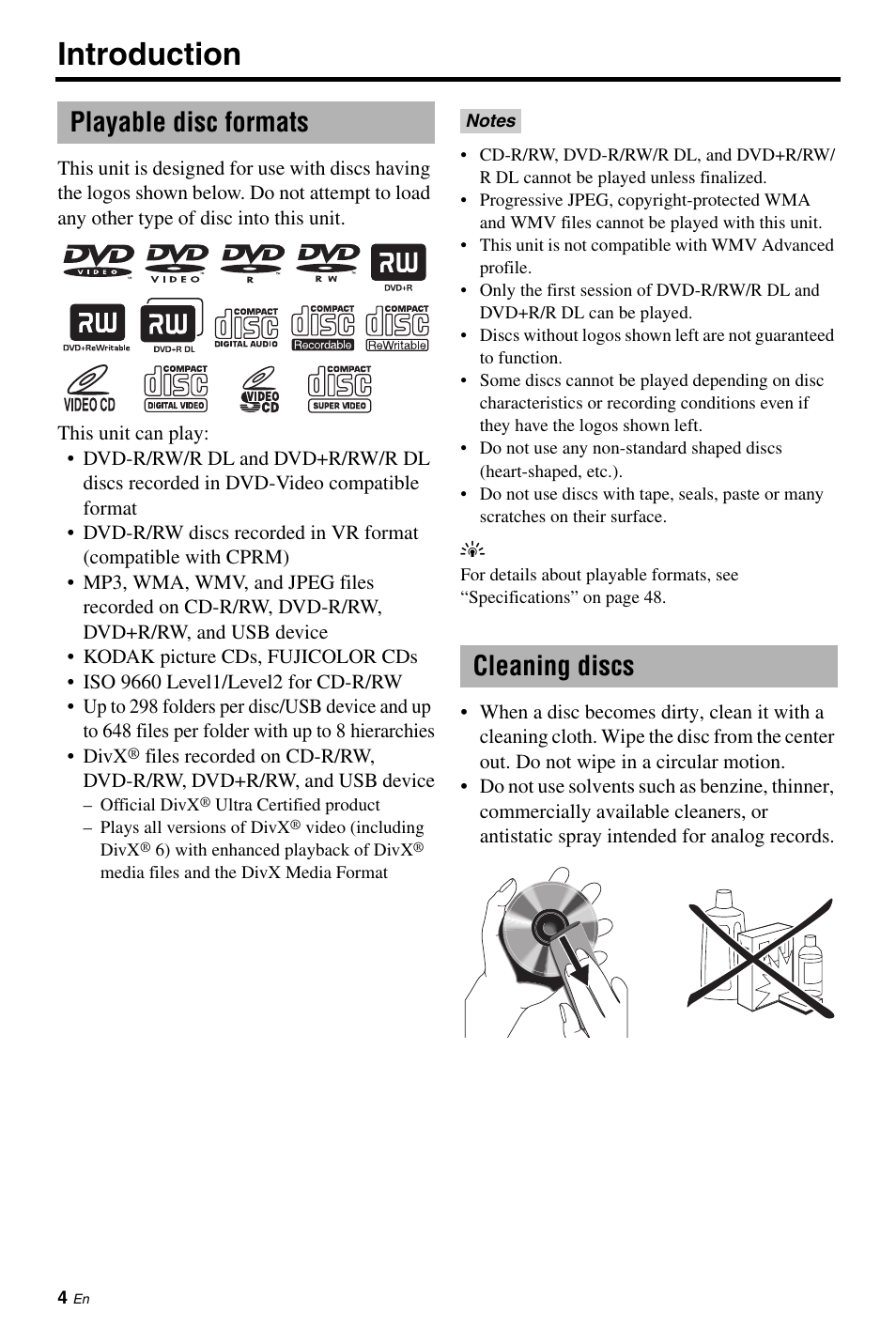 Playable disc formats, Cleaning discs, Playable disc formats cleaning discs | Introduction | Yamaha DVD-S663 User Manual | Page 8 / 53