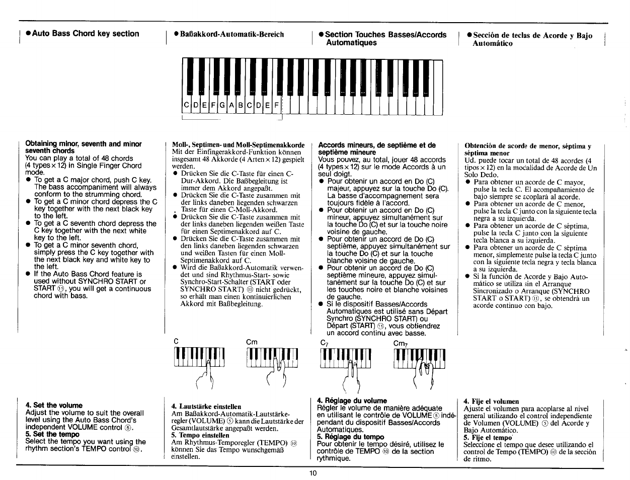 Auto bass chord key section, Section touches basses/accords automatiques, Obtaining minor, seventh and minor | Set the volume, Set the tempo, Accords mineurs, de septième et de, Réglage du volume, Réglage du tempo | Yamaha Portatone PS-25 User Manual | Page 12 / 28