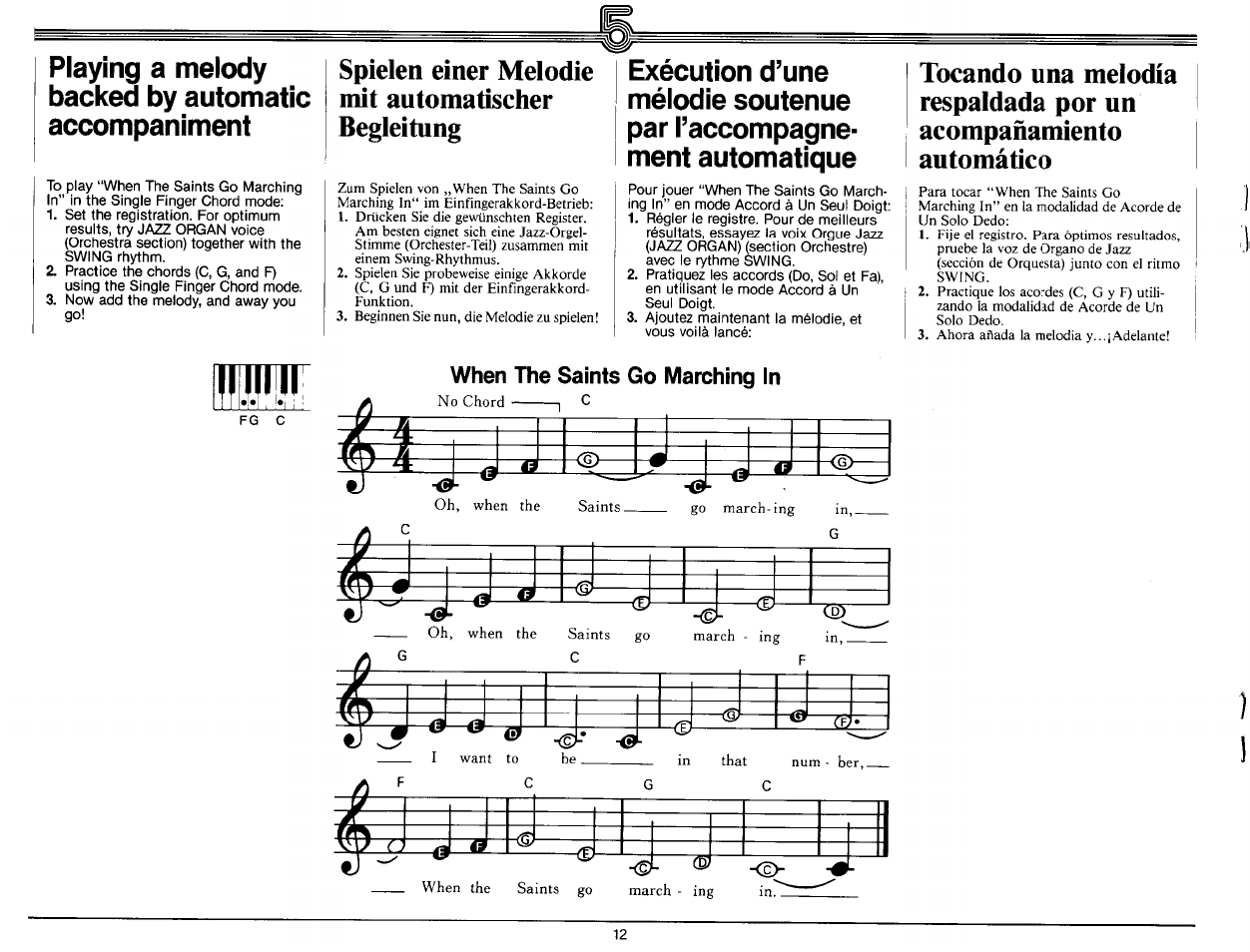 When the saints go marching in, Playing a melody backed by automatic accompaniment, Spielen einer melodie mit automatischer begleitung | Yamaha Portatone PS-25 User Manual | Page 14 / 28