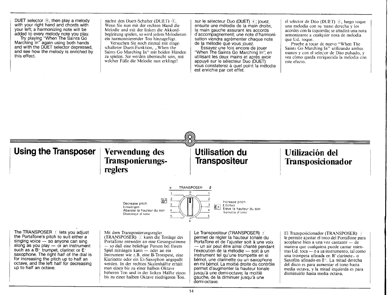 Verwendung des, Utilización del ! transponierungs, Transposicionador | Reglers, Using the transposer, Utilisation du, Transpositeur | Yamaha Portatone PS-25 User Manual | Page 16 / 28