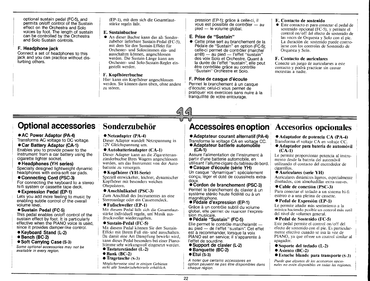 F. headphone jack, E. prise de “sustain, F. prise de casque d’écoute | 1tt!j, Accessoires en option accesorios opcionales, Ac power adaptor (pa-4), Car battery adaptor (ca-1), Headphones (yh series), Connecting cord (psc-3), Expression pedal (ep-1) | Yamaha Portatone PS-25 User Manual | Page 24 / 28