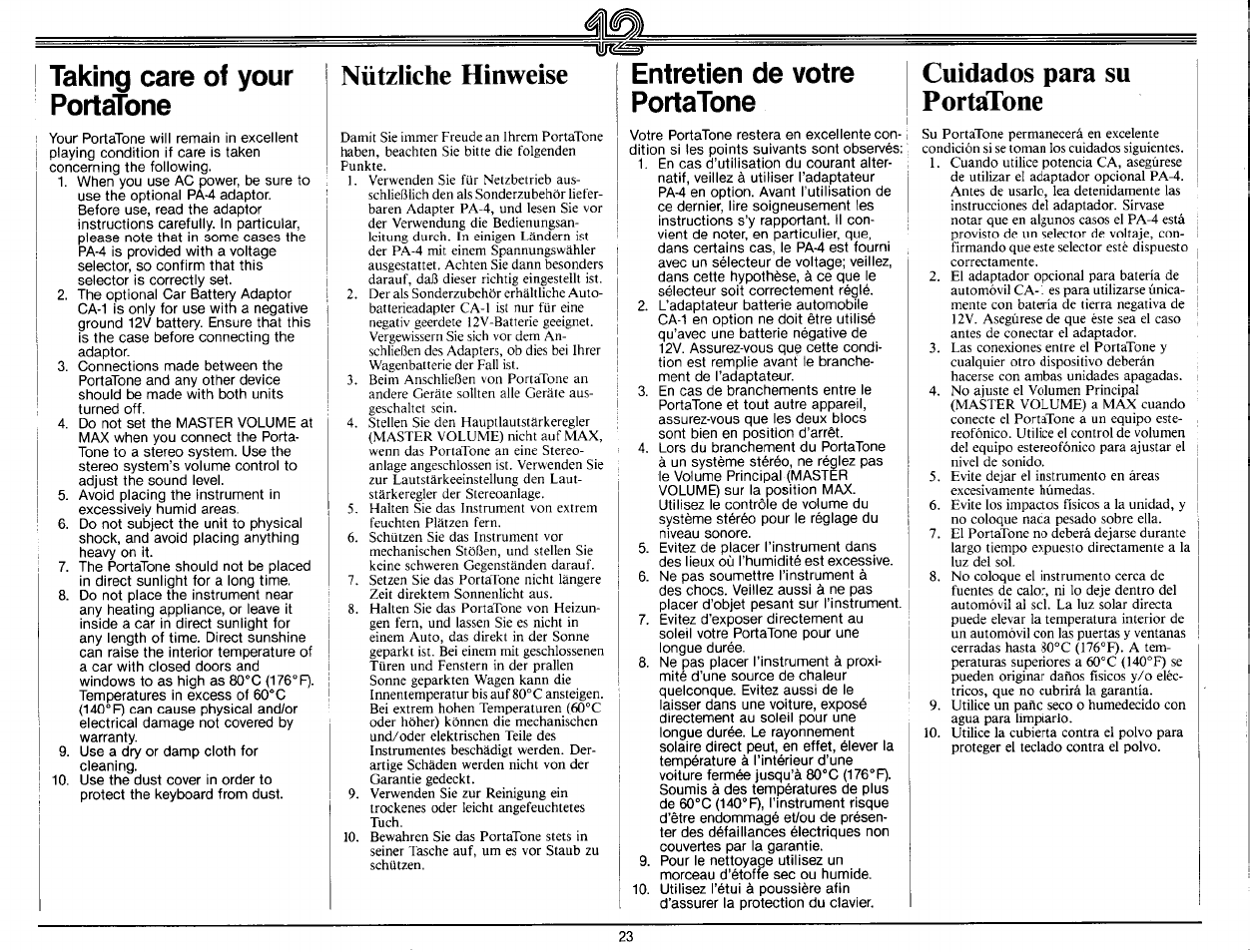 Taking care of your porlatone, Nützliche hinweise, Entretien de votre portatone | Cuidados para su portatone, Nützliche hinweise—--------- ---—23 | Yamaha Portatone PS-25 User Manual | Page 25 / 28