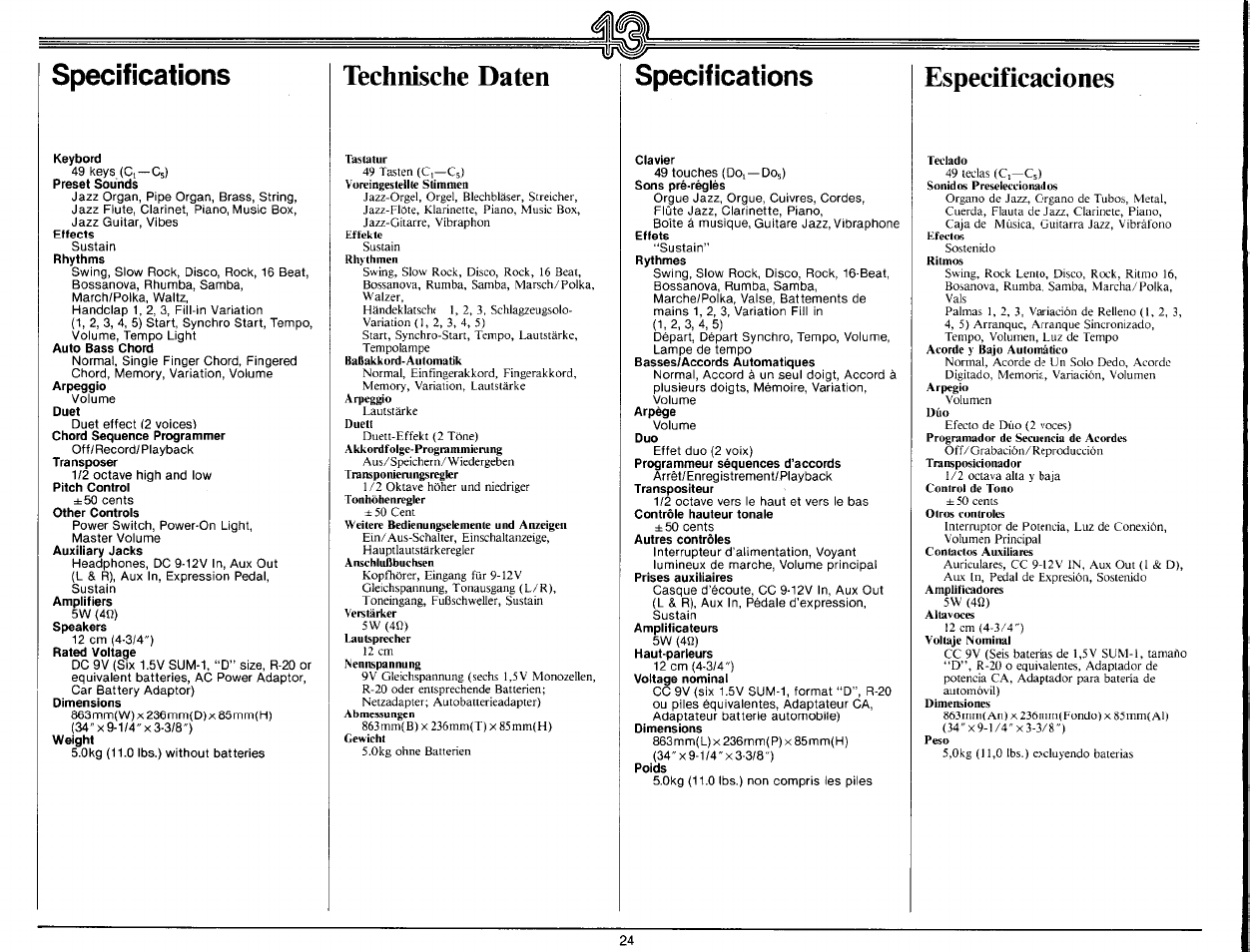 Technische daten, Especificaciones, Specifications | 49 keys (ci~cs), 49 touches (doi —d, Jazz organ, pipe organ, brass, string, Orgue jazz, orgue, cuivres, cordes, Jazz flute, clarinet, piano, music box, Flûte jazz, clarinette, piano, Jazz guitar, vibes | Yamaha Portatone PS-25 User Manual | Page 26 / 28