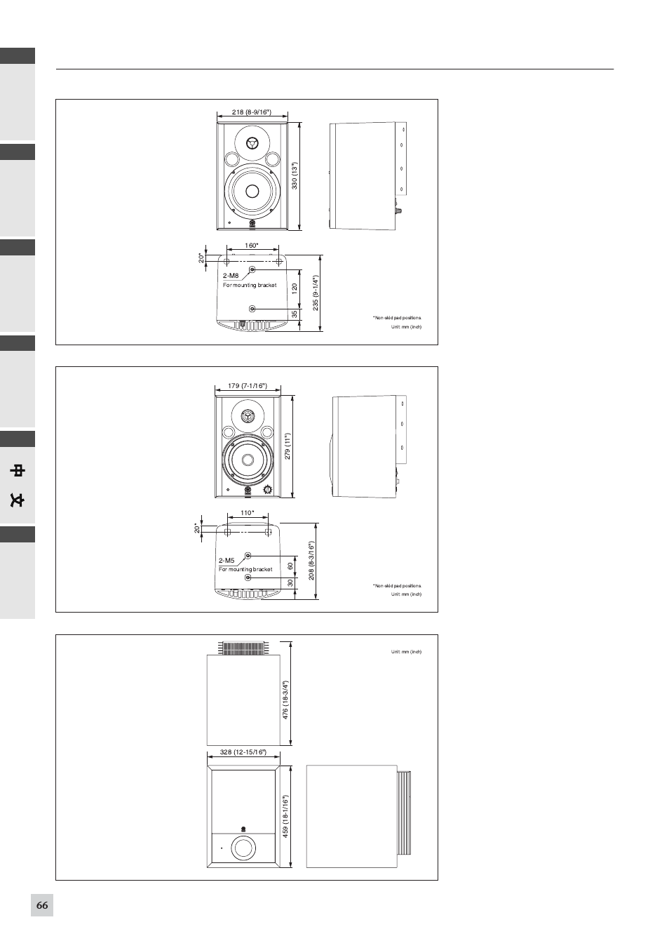 Dimensions, English deutsc h français español, Msp5 studio | Sw10 studio, Msp7 studio | Yamaha SW10 STUDIO User Manual | Page 14 / 16