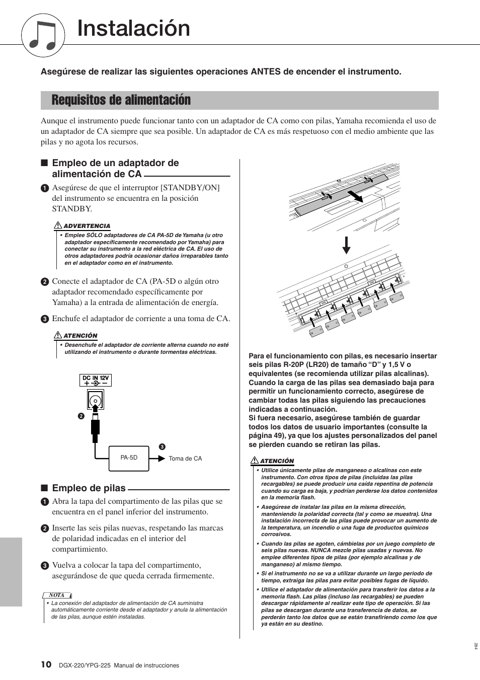 Instalación, Requisitos de alimentación, Empleo de un adaptador de alimentación de ca | Empleo de pilas | Yamaha DGX-220 User Manual | Page 10 / 124