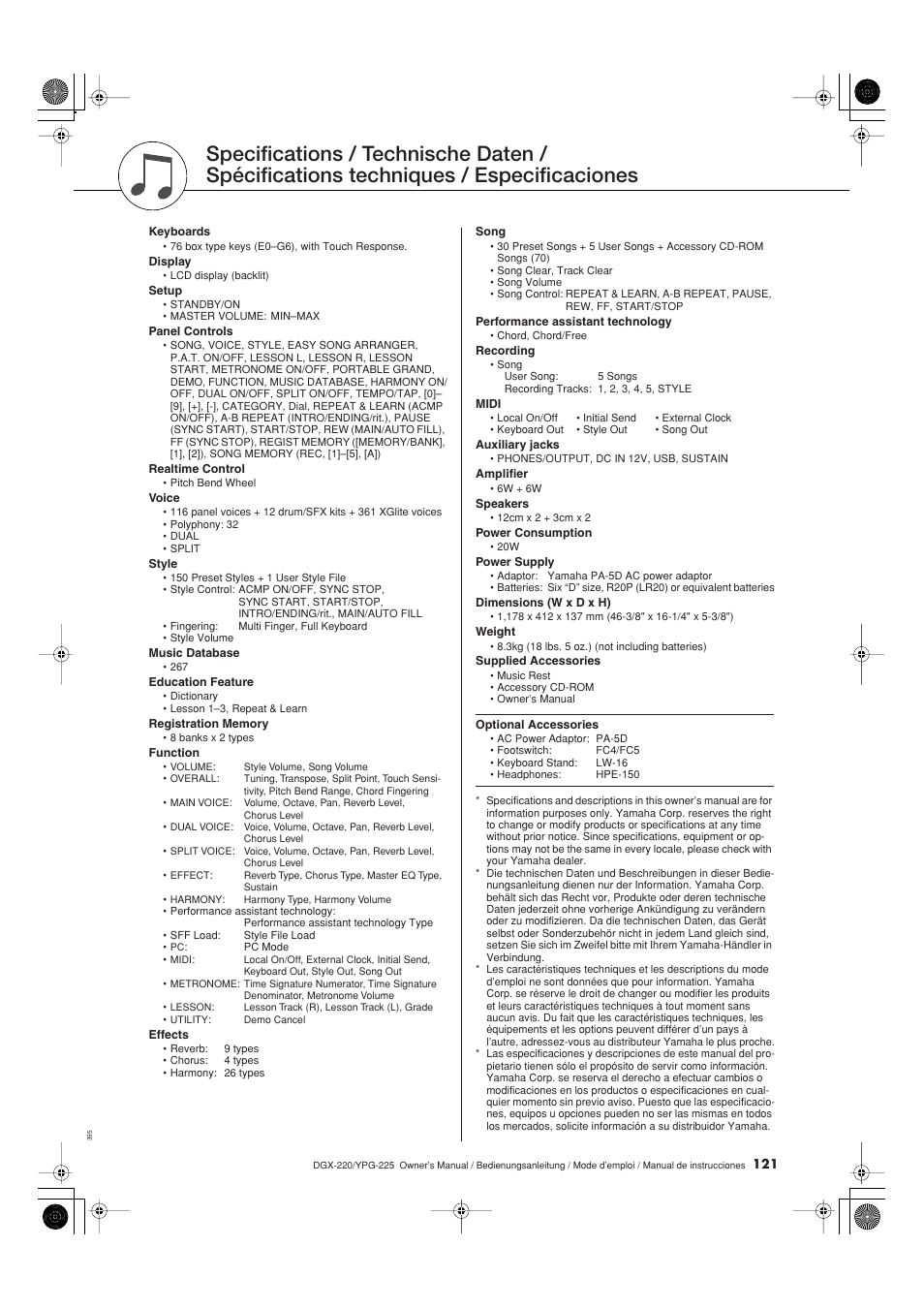 Especificaciones | Yamaha DGX-220 User Manual | Page 121 / 124