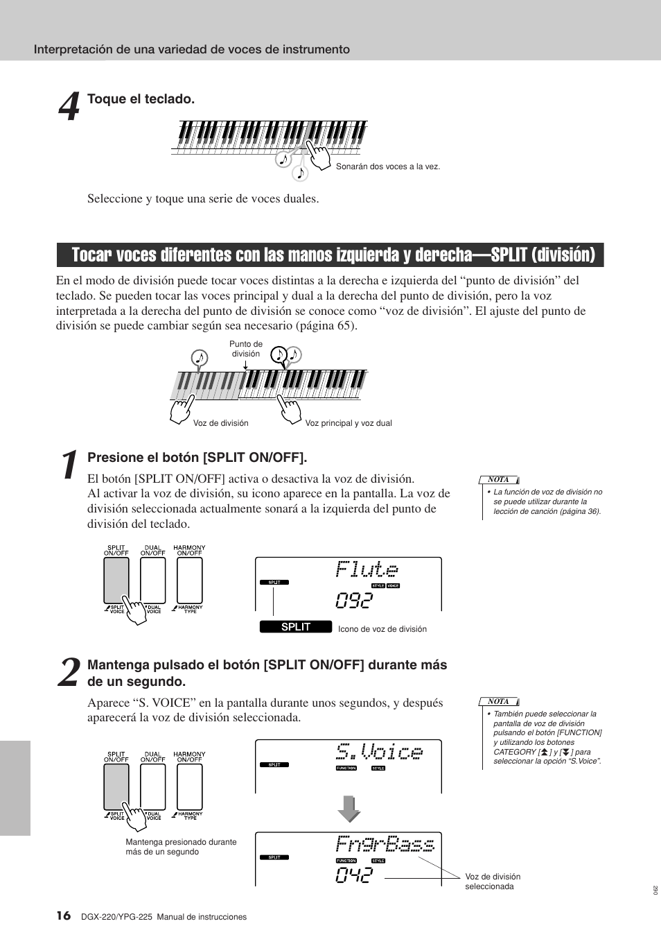 Split (división), Flute, Fngrbass s.voice | Yamaha DGX-220 User Manual | Page 16 / 124