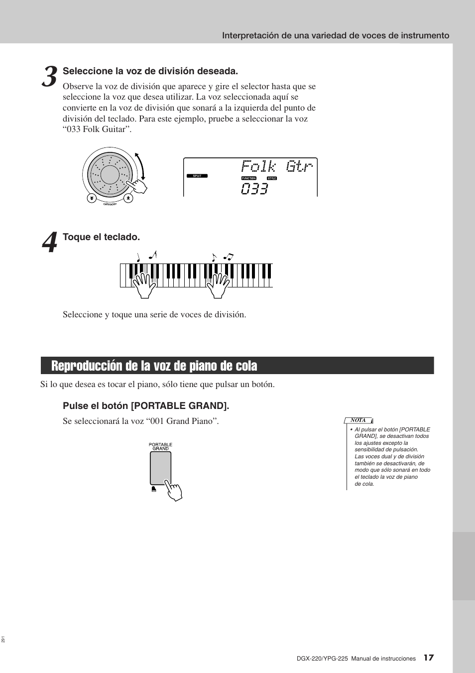 Reproducción de la voz de piano de cola, Folk gtr | Yamaha DGX-220 User Manual | Page 17 / 124