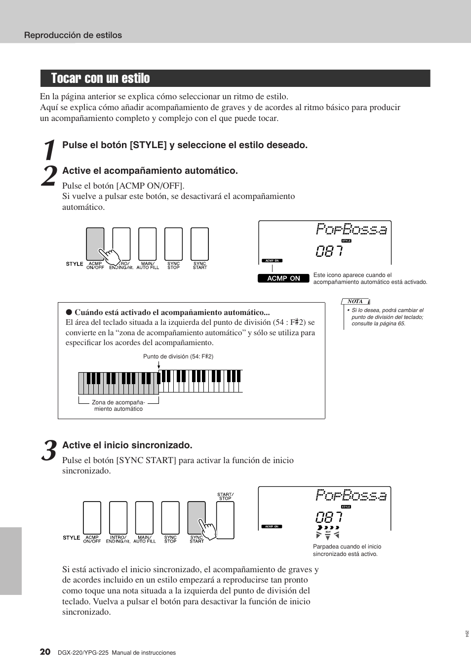 Tocar con un estilo, Popbossa | Yamaha DGX-220 User Manual | Page 20 / 124