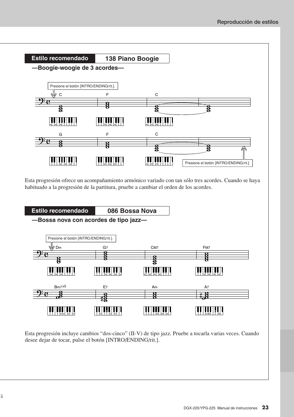 138 piano boogie, 086 bossa nova, Boogie-woogie de 3 acordes | Bossa nova con acordes de tipo jazz, Estilo recomendado, Reproducción de estilos | Yamaha DGX-220 User Manual | Page 23 / 124