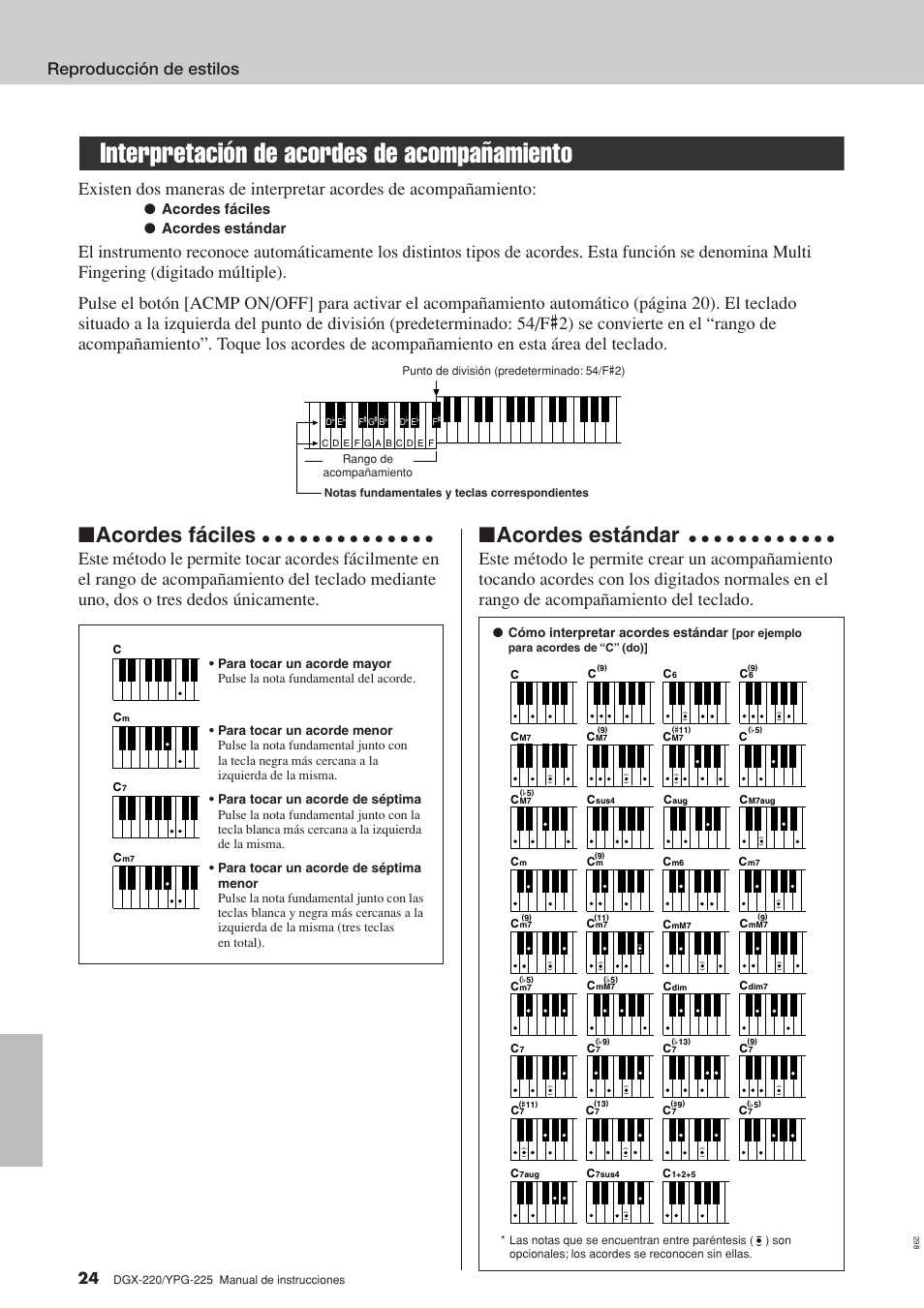 Interpretación de acordes de acompañamiento, Acordes fáciles, Acordes estándar | Reproducción de estilos, Acordes fáciles ● acordes estándar, Cómo interpretar acordes estándar | Yamaha DGX-220 User Manual | Page 24 / 124