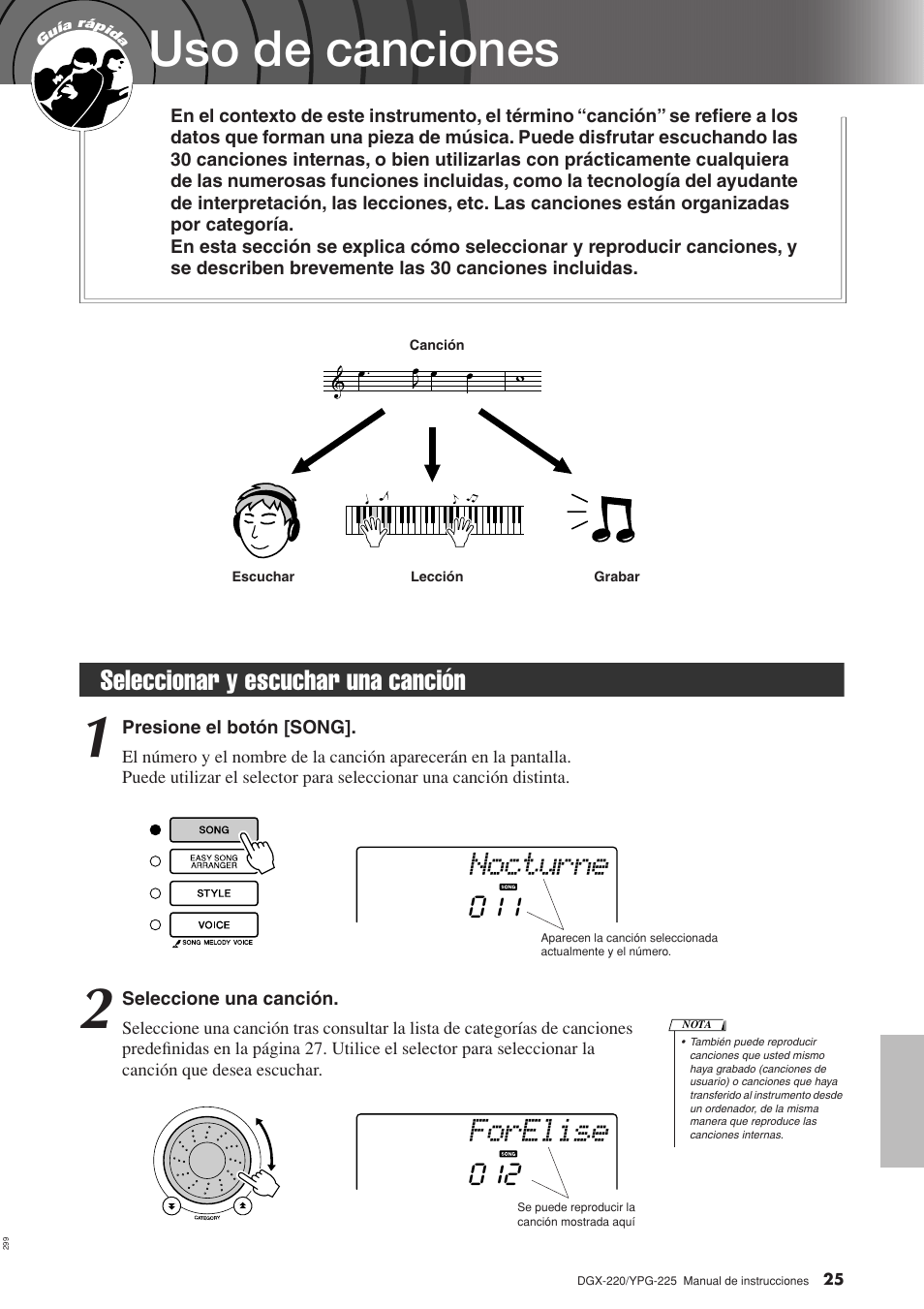 Uso de canciones, Seleccionar y escuchar una canción, Nocturne | Forelise, Seleccionar y escuchar una canción 011 | Yamaha DGX-220 User Manual | Page 25 / 124