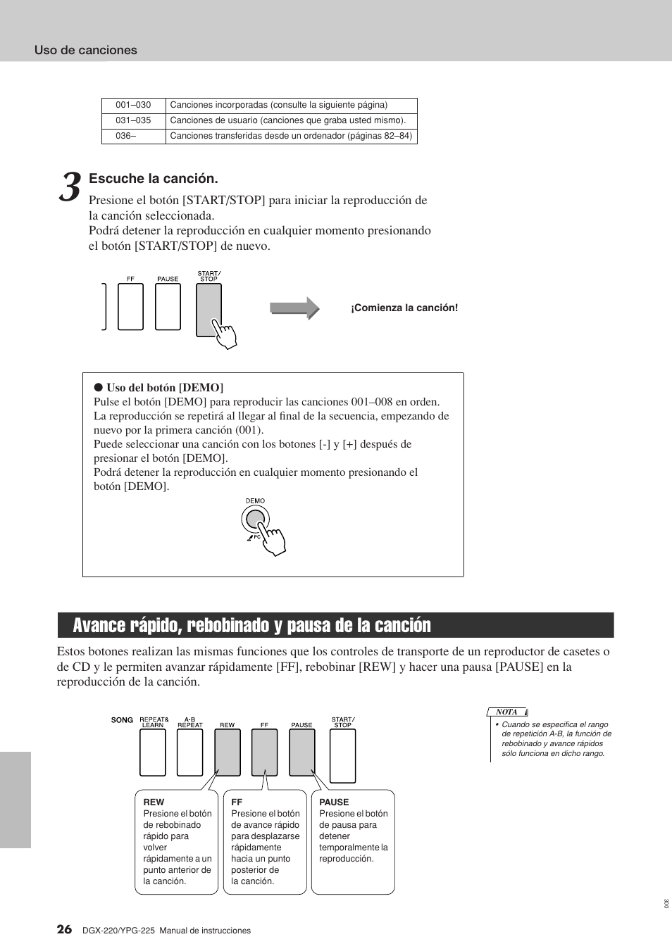 Avance rápido, rebobinado y pausa de la canción | Yamaha DGX-220 User Manual | Page 26 / 124