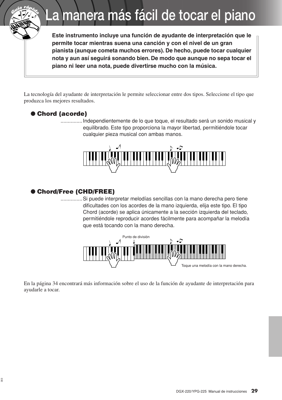 La manera más fácil de tocar el piano | Yamaha DGX-220 User Manual | Page 29 / 124