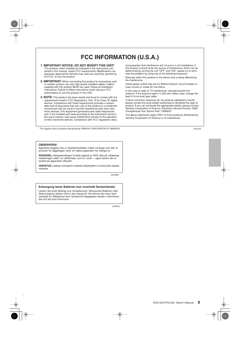 Fcc information (u.s.a.) | Yamaha DGX-220 User Manual | Page 3 / 124