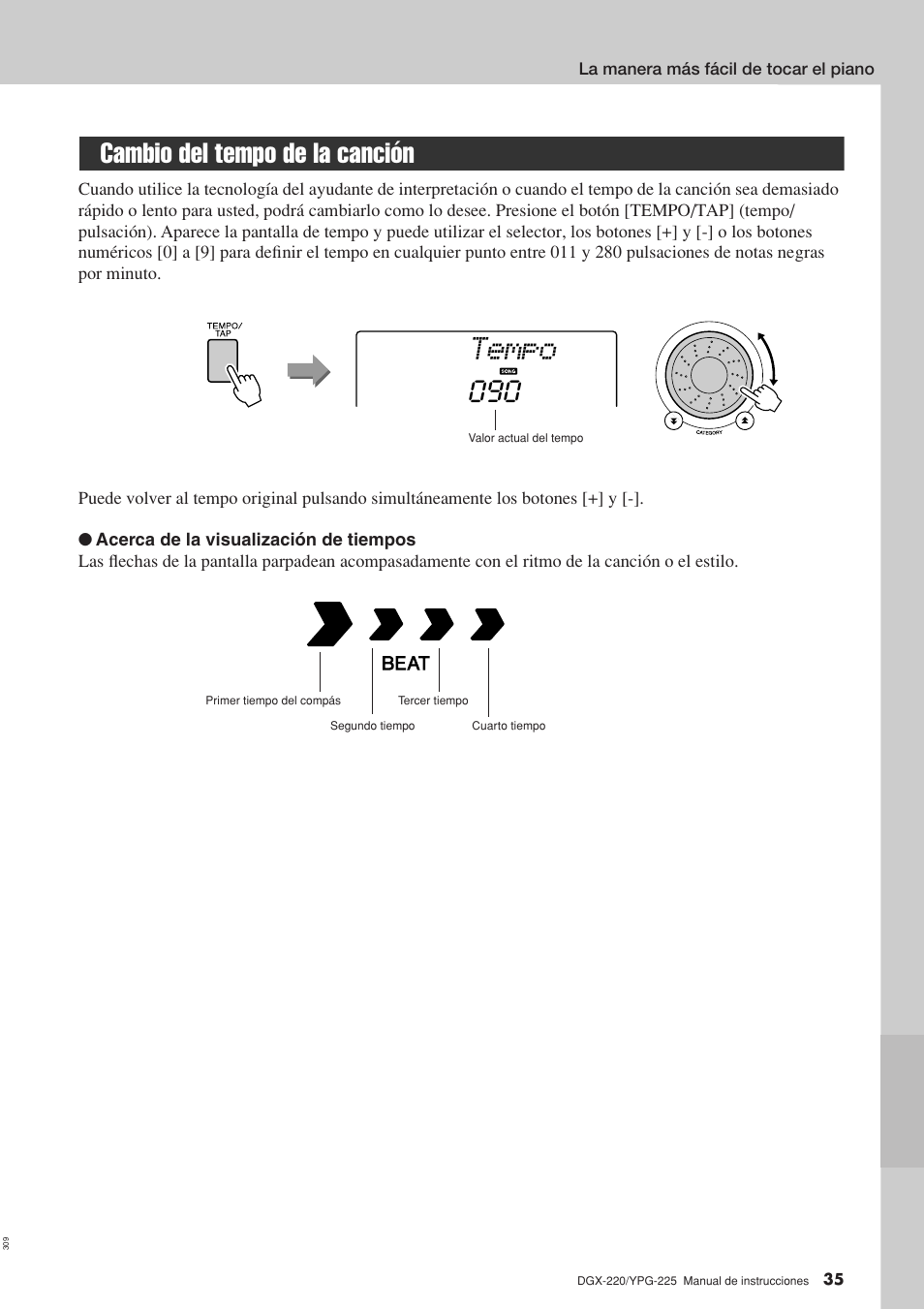 Cambio del tempo de la canción, Tempo | Yamaha DGX-220 User Manual | Page 35 / 124