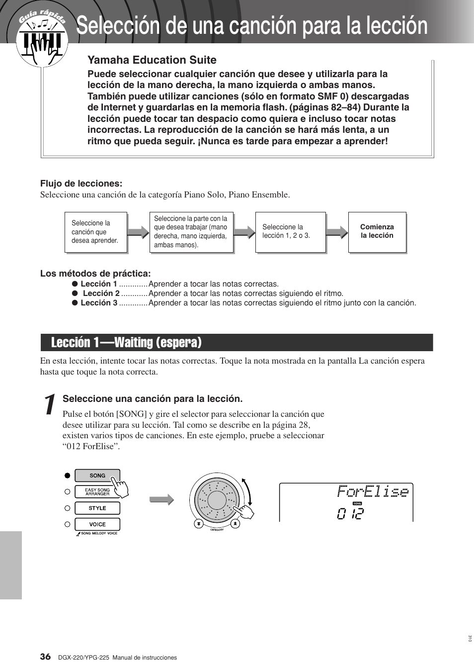 Selección de una canción para la lección, Lección 1-waiting (espera), Lección 1—waiting (espera) | Forelise, Lección 1—waiting (espera) 012 | Yamaha DGX-220 User Manual | Page 36 / 124