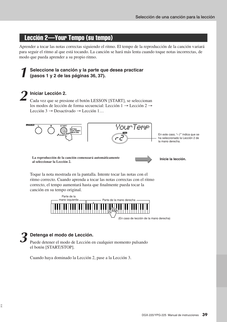 Lección 2-your tempo (su tempo), Lección 2—your tempo (su tempo), Yourtemp | Lección 2—your tempo (su tempo) r2 | Yamaha DGX-220 User Manual | Page 39 / 124