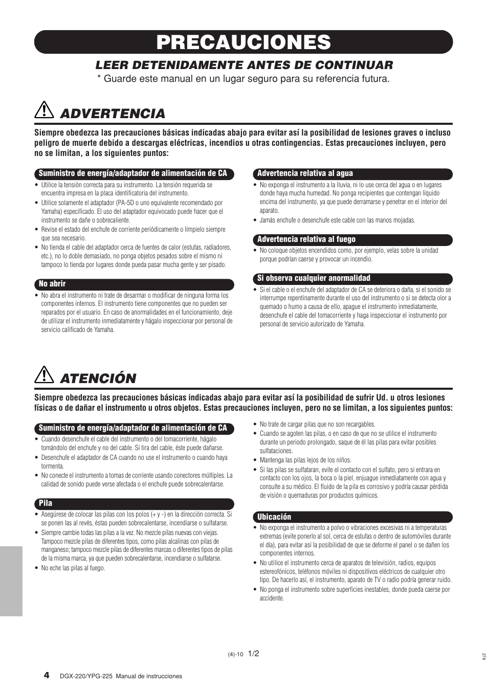 Precauciones, Advertencia, Atención | Leer detenidamente antes de continuar | Yamaha DGX-220 User Manual | Page 4 / 124