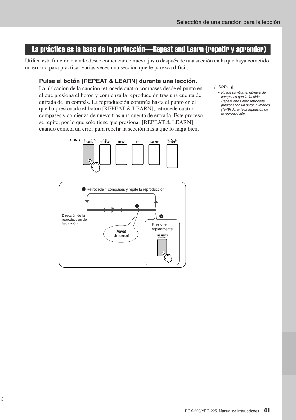 La práctica es la base de la perfección—repeat and, Learn (repetir y aprender) | Yamaha DGX-220 User Manual | Page 41 / 124