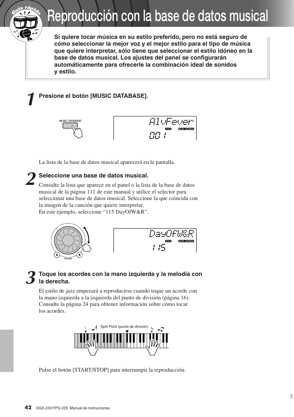 Reproducción con la base de datos musical, Alvfever, Dayofw&r | Yamaha DGX-220 User Manual | Page 42 / 124