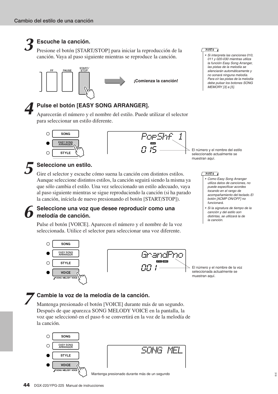 Popshf 1, Grandpno, Song mel | Yamaha DGX-220 User Manual | Page 44 / 124