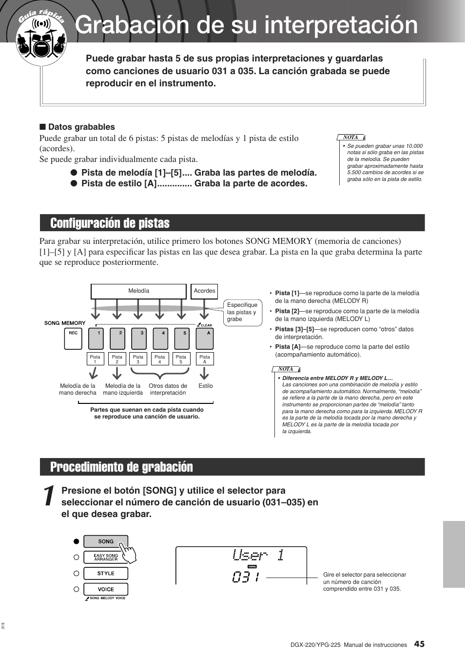 Grabación de su interpretación, Configuración de pistas, Procedimiento de grabación | Configuración de pistas procedimiento de grabación, User 1, Procedimiento de grabación 031 | Yamaha DGX-220 User Manual | Page 45 / 124