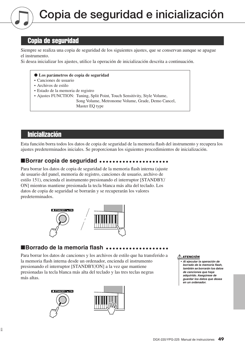 Copia de seguridad e inicialización, Copia de seguridad, Inicialización | Copia de seguridad inicialización, Borrar copia de seguridad | Yamaha DGX-220 User Manual | Page 49 / 124