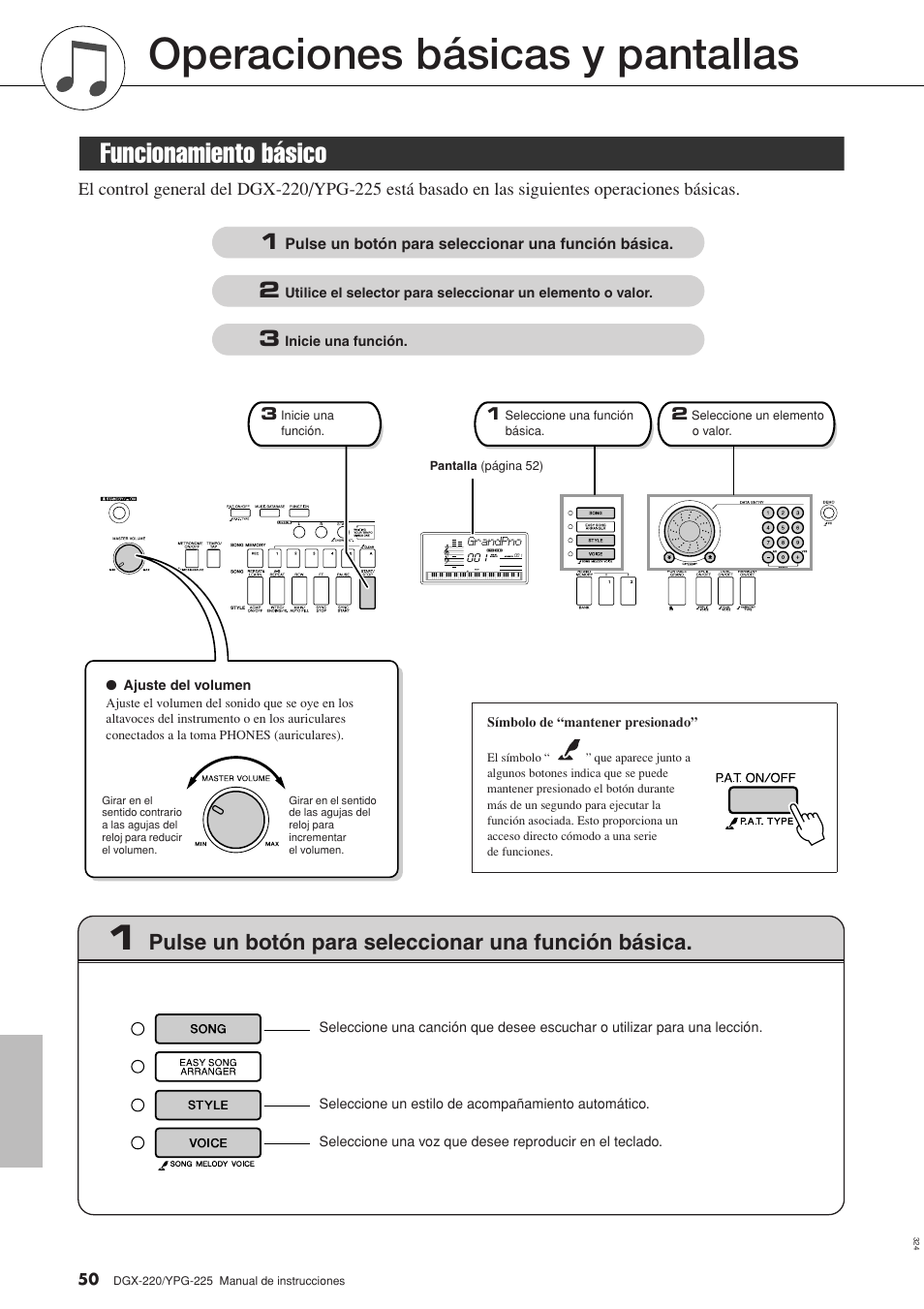 Operaciones básicas y pantallas, Funcionamiento básico, Pulse un botón para seleccionar una función básica | Yamaha DGX-220 User Manual | Page 50 / 124