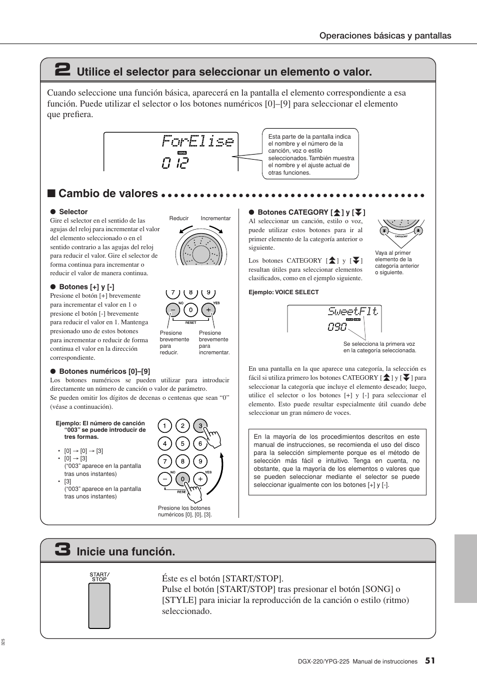 Forelise, Cambio de valores, Inicie una función | Sweetflt | Yamaha DGX-220 User Manual | Page 51 / 124