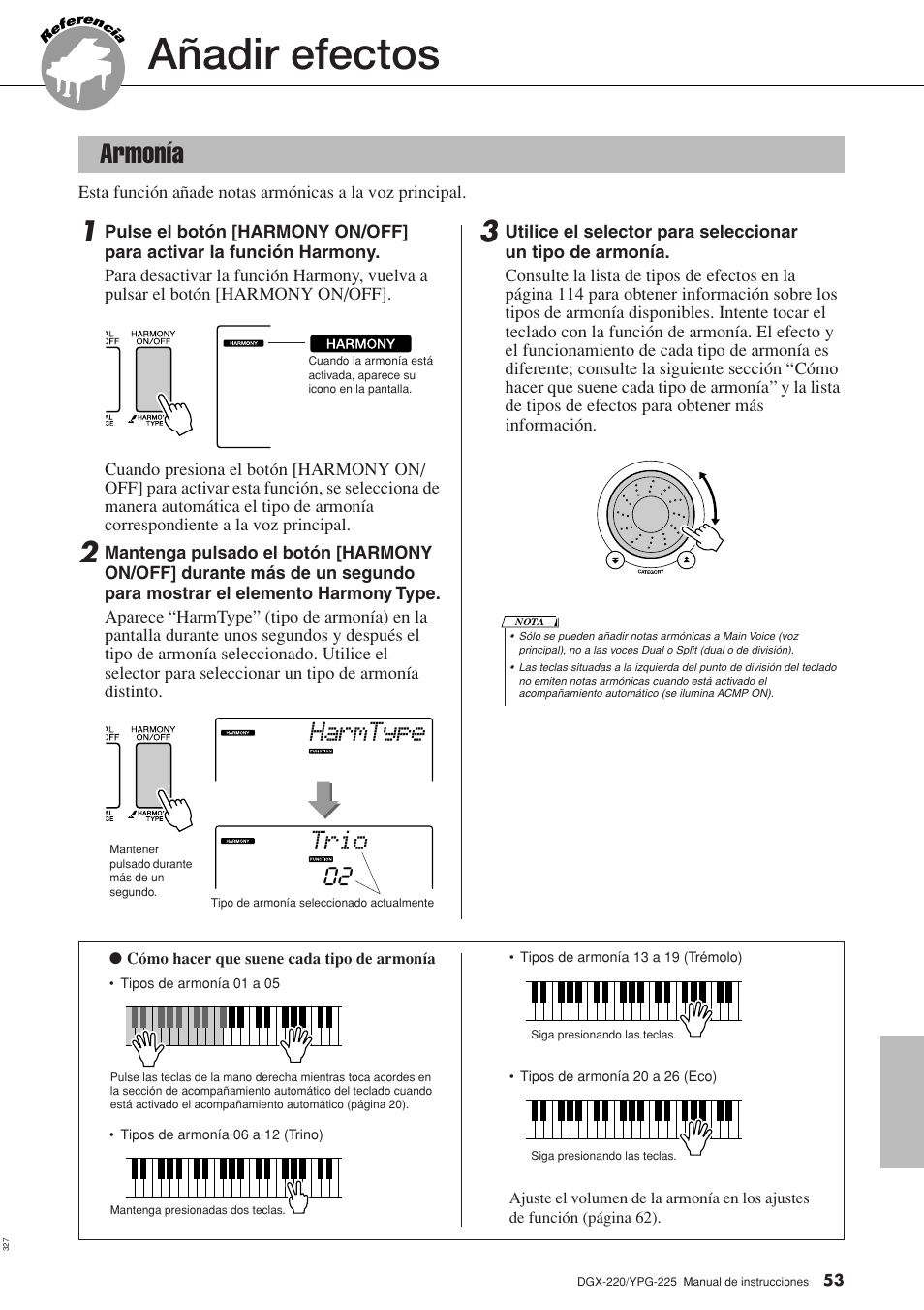 Referencia, Añadir efectos, Armonía | Trio harmtype | Yamaha DGX-220 User Manual | Page 53 / 124