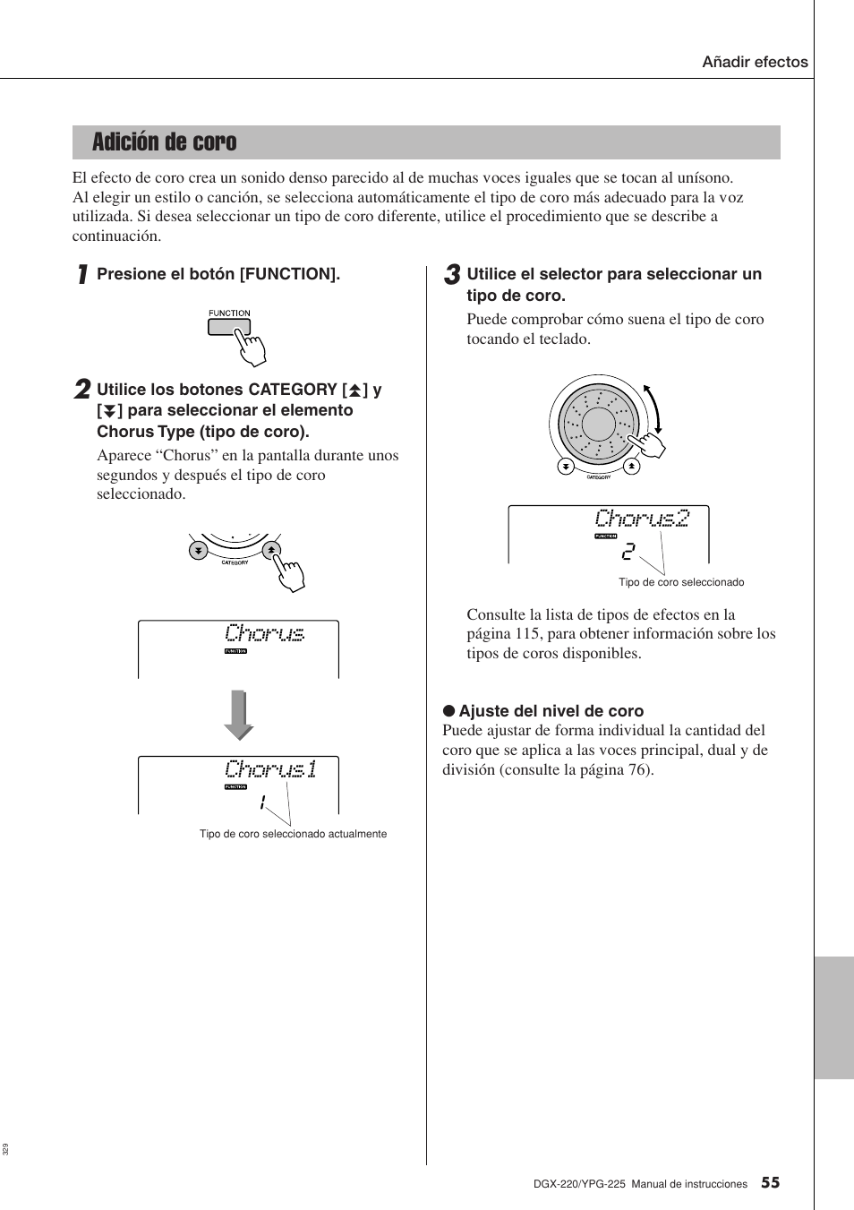 Adición de coro, Chorus1 chorus, Chorus2 | Yamaha DGX-220 User Manual | Page 55 / 124